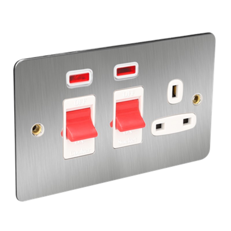 Flat Plate 45A Cooker Switch Plus Socket with Neon *Satin Chrome